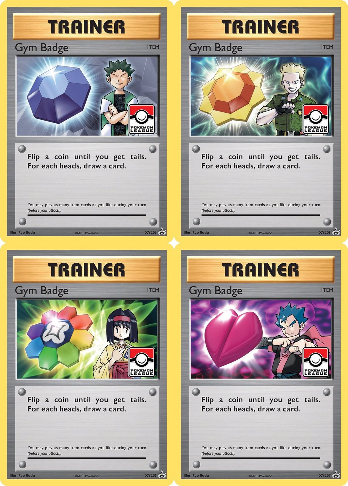 Set of 4 Gym Badges, Erika - Surge - Koga - Brock, XY203 - XY205 - XY206 - XY207