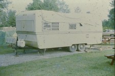 1970s 35mm Slide Trailer Camper RV Parked Travel Outdoors Foreground Trees Scene