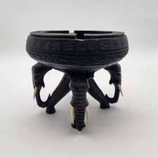 RARE Vintage African Ashtray Hand Carved Wood 4 Elephants Bowl Trinket Dish