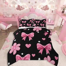 Bowknot Comforter Set All Season Black Pink Bedding Set with 1 Twin Pink Black