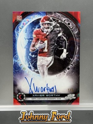 Xavier Worthy 2024 Topps Chrome Cosmic Equinox Rookie Red Refractor Auto 1/5