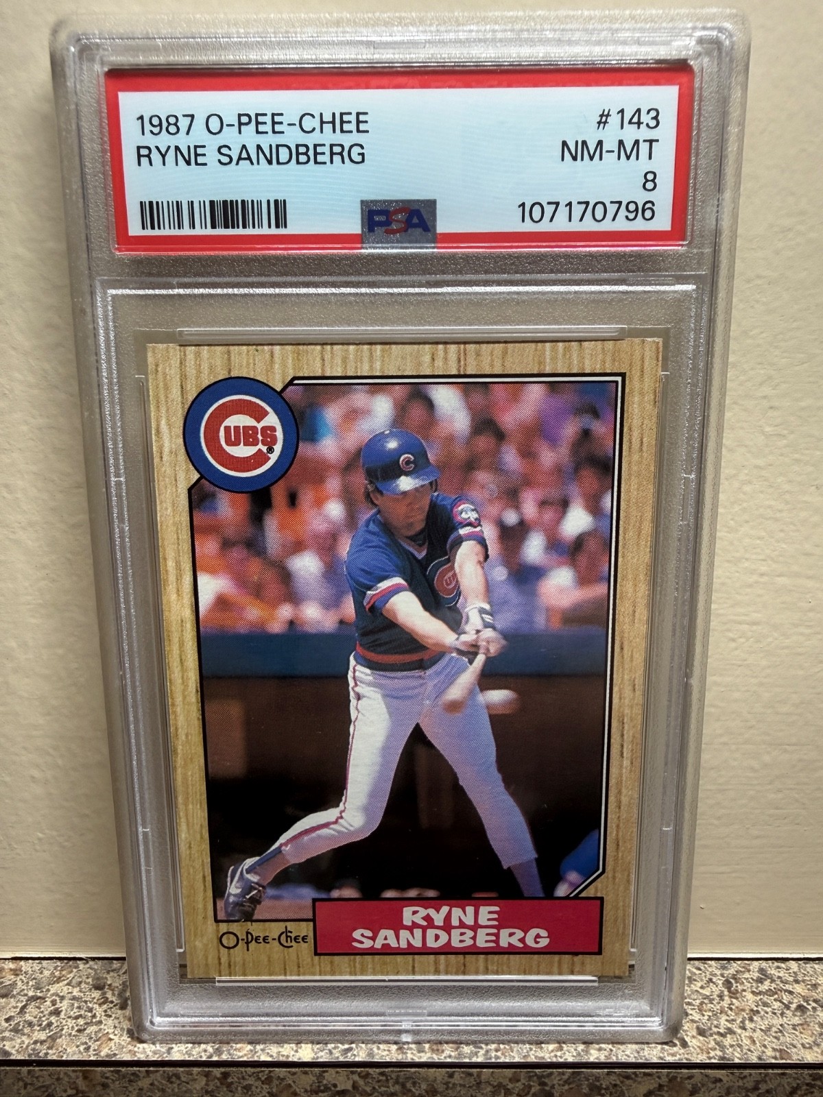 1987 O-PEE-CHEE #143 Ryne Sandberg, HOF, PSA 8 NM-MT, Chicago Cubs