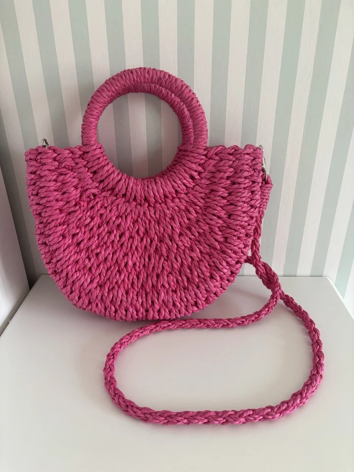 Hot Pink Straw Handbag Approx 17 X 24cm Holiday Bag Summer Bag Boho - Image 1 of 4
