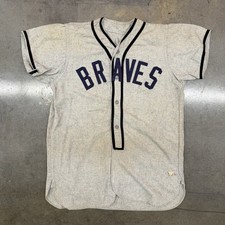 VTG 1950s Powers Flannel Baseball Jersey Gray Wool Felt Braves Semi Pro Mens 38