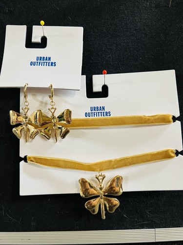 Butterfly Velvet Layer Choker & Earrings NWT Urban Outfitters Gold tone
