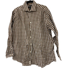 Pronto Uomo Mens Dress Shirt 17 32-33 Brown Plaid Slim Fit Long Sleeve Non Iron