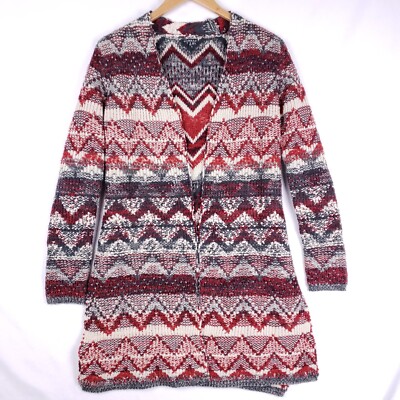 Hannah Chevron Knit Cardigan Women's S Red Gray Open Front Boho Sweater Jacket