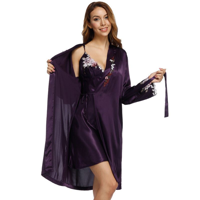 Exquisite Silk Robe & Gown Sets Embroidered Bathrobes Silk Dressing