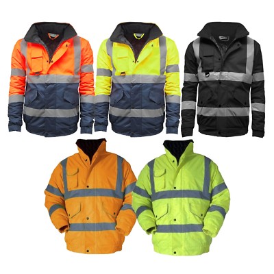 Mens Hi-Viz Vis High Visibility Bomber Safety Zip Jacket Work Security ...