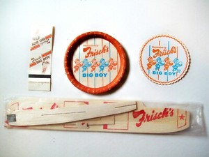 Four Vintage Frisch's Big Boy Items - Glider, Coaster, Carry Out Lid, Matchbook