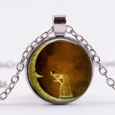 CRESCENT MOON WOMAN RETRO charm pendant Sterling plated Silver 925 18'' necklace 