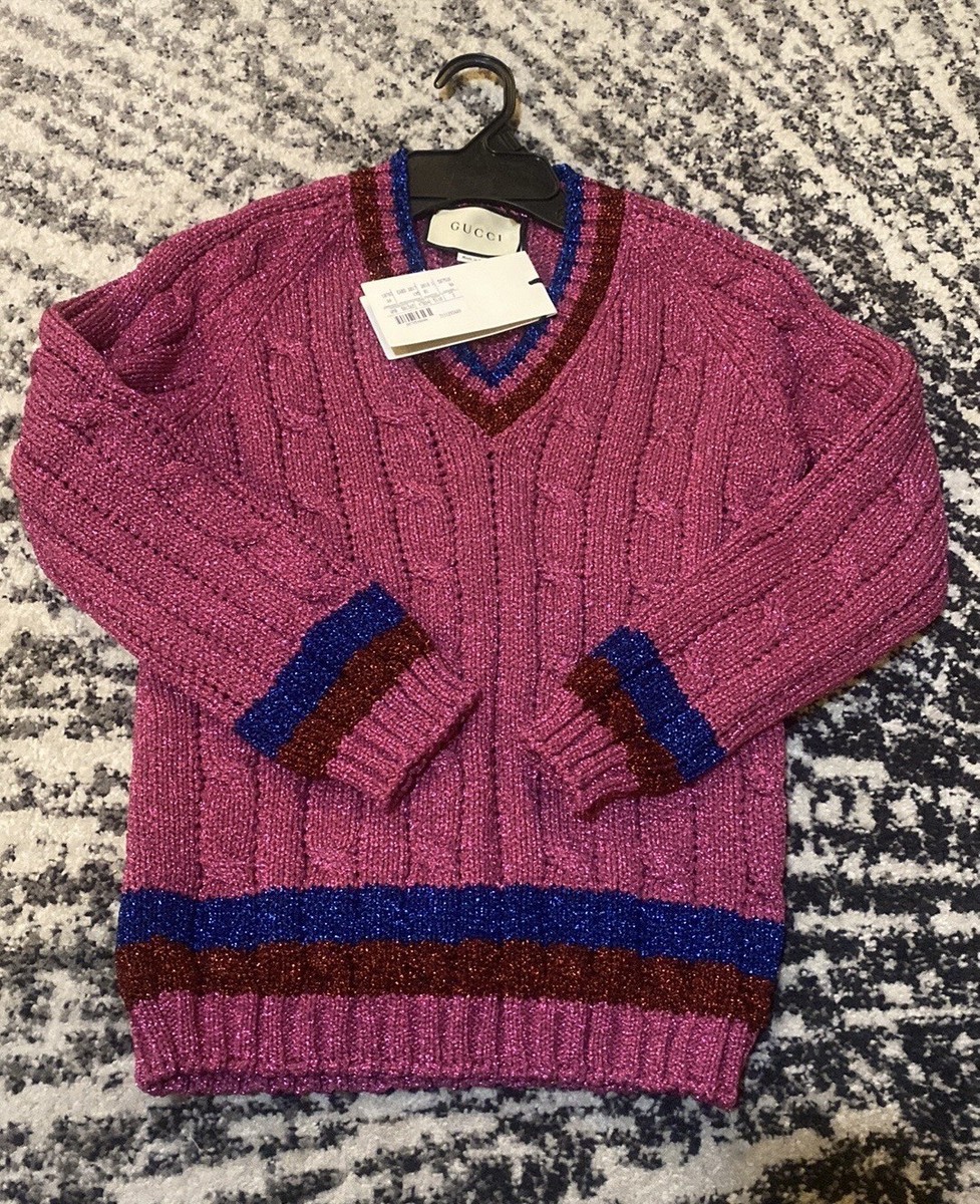 GUCCI Top Lame Cable & Rib Stitch Striped V-Neck Fucsia Sweater 