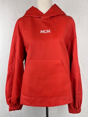 $1750 MCM Womens Red Leather White Logo Pull Over Hooded Sweatshirt MFA9AMV07RE0