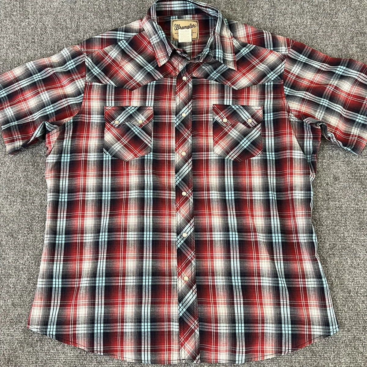 Wrangler Pearl Snap Shirt Mens XL Red Blue Plaid Sawtooth Pocket Rodeo  Western