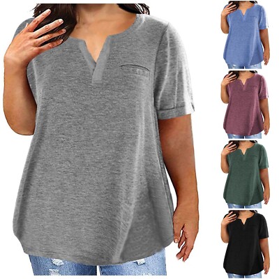 Plus Size Women Solid Tops V Neck Short Sleeve Pocket Loose Shirt Summer Blouse