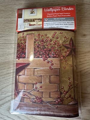 Vintage Wallpaper Star Basket Farmhouse Cottagecore Cranberry Prim York Country