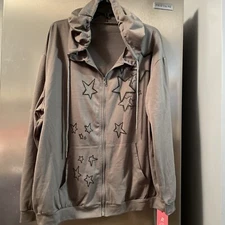 Romwe NWT Women Large Lightweight Jacket Full Zip Hoodie Army Green Stars Y2K