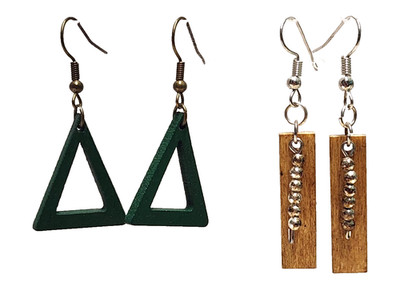 Boho 2pr Lot Wood Brown Beaded Rectangle & Green Triangle Dangle Earrings Drop