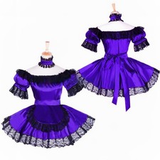 Maid Sissy Girl Lockable Biue satin sexy Dress cosplay costumes Tailored