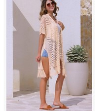 One Size Beige Crochet Kimono Cardigan Boho Beachy Lightweight Cover Up Summer