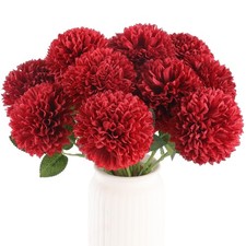 Artificial Chrysanthemums 12 PCS Burgundy Red Fake Mums Silk Flowers