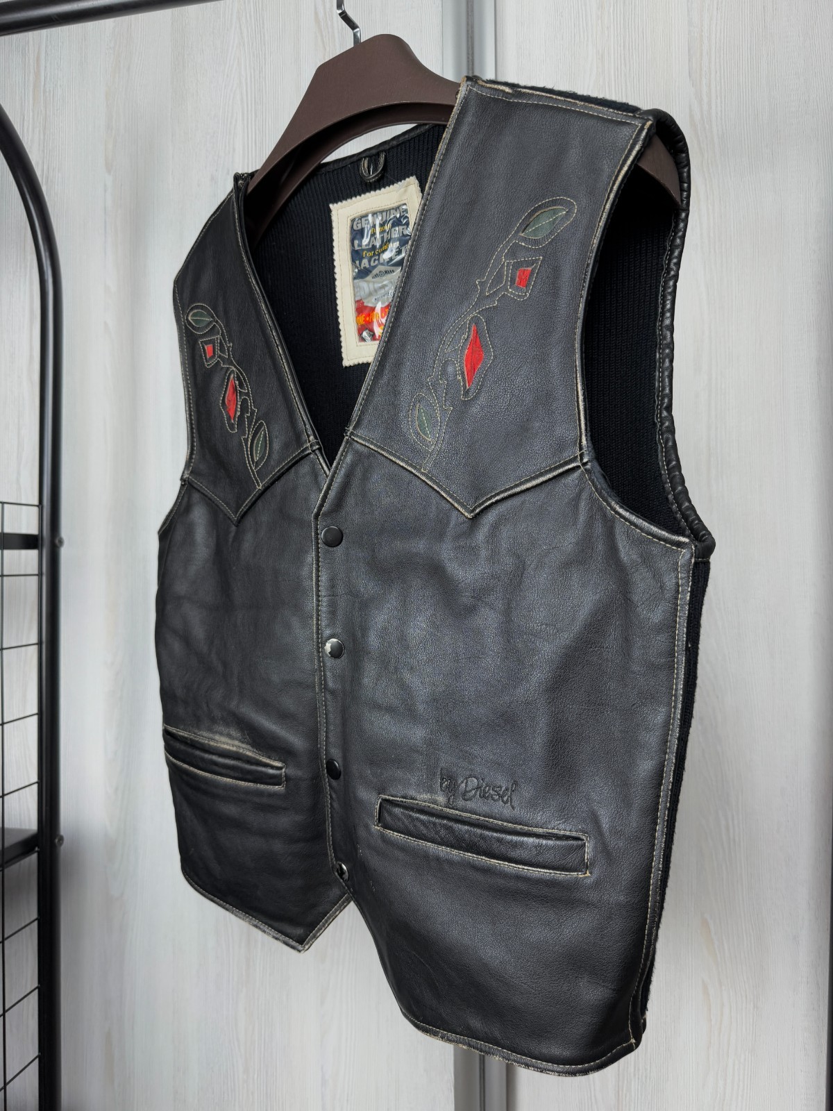 Diesel Black Leather Flying Cougar Vest W/ Inlaid Red Roses image 6