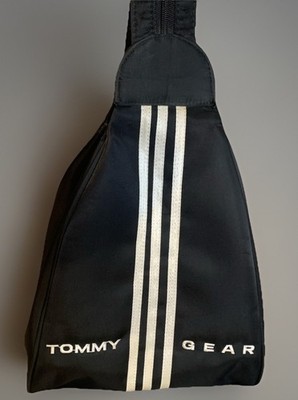 VTG Tommy Gear S Back Pack Sling Bag Hilfiger Unisex Black Gray Stripes NICE