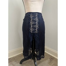 Vintage Navy Blue Lace Trim Half Slip Medium Front Slit Coquette Lingerie Retro