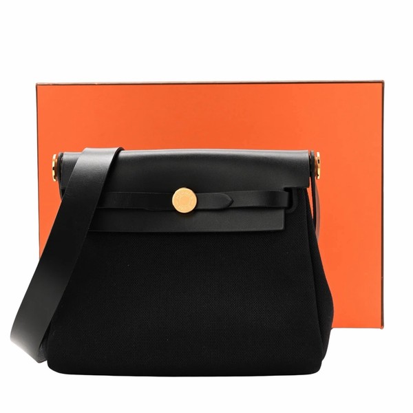 HERMÈS Herbag Zip 20 | Black Hunter Leather and Toile Canvas | Gold Plated HW