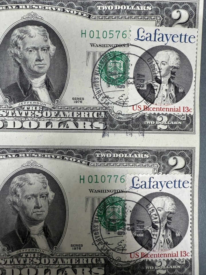 1976 $2 STAR NOTE UNCUT SHEET OF 4 FIRST DAY ISSUE STAMPED VERY SCARCE ...