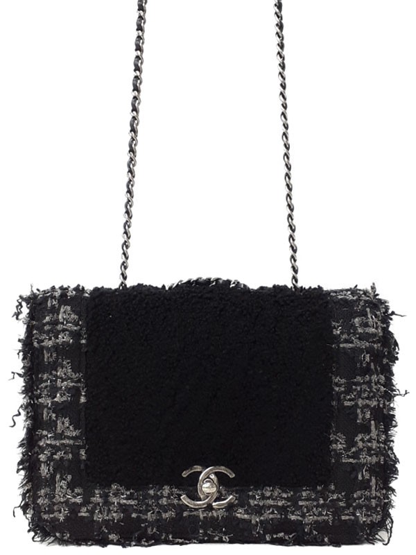 Chanel Black Tweed Chain Shoulder Bag with Silver Hardware #T218