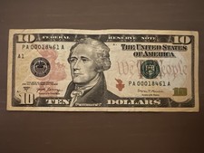 2017 US $10 Federal Reserve Note PA00018461A Triple 0 Low Serial Number