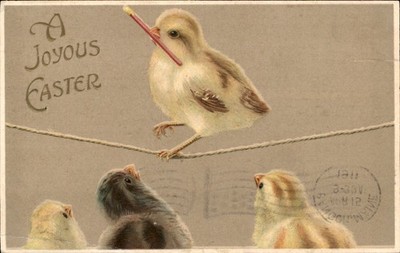 Easter Chick with Paintbrush Animals Embossed c1910s-20s Vintage Postcard