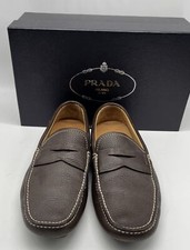 Prada Men's Brown Pebbled Leather Loafer w/ Beige Exposed Stitching sz 8.5