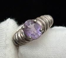 Vintage Genuine Amethyst 925 Sterling Silver Ridged Ring Size 6 Band 4.85g