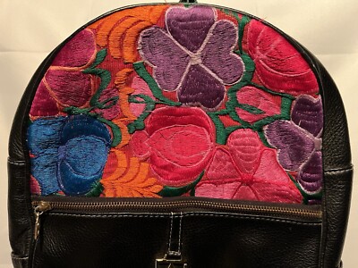 AngeLozano Chiapas Black Leather Backpack Angelozano Chiapas Backpack Leather Floral Black Cowhide  main image 2