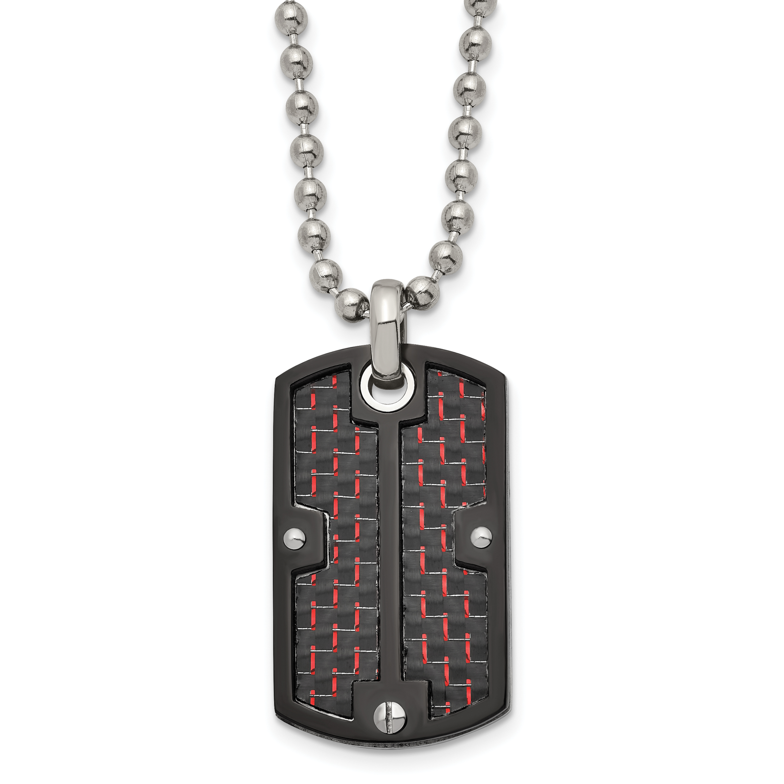 Chisel Stnls Steel Black Black Red Carbon Fiber Inlay Dog Tag Ball Chain 24