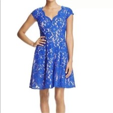 Eliza J Lace Overlay Fit and Flare Short Sleeve V Neck Dress Blue Sz 4