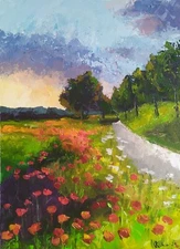 landscape acrylic painting on panel original hand made art with red poppies
