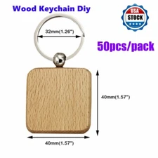US 50 Pcs DIY Square Blank Wood Keychain Custom Key Tags Personalized Gift