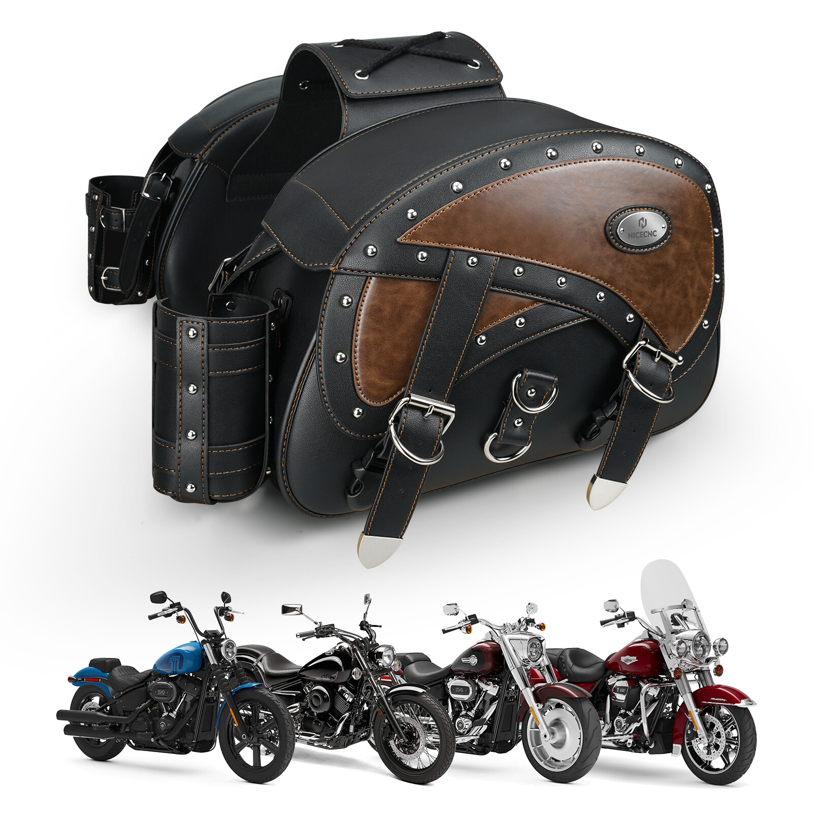 15" Brown Leather Saddlebags Motorcycle 35L Heavy Duty Saddle Bags For