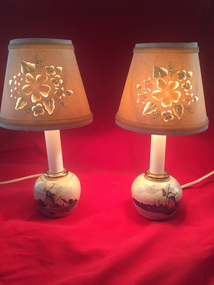 White and Blue Small Lamps Delft like Cut Out Shades 10 1 2