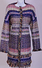 ST.JOHN Womens 2Pc. Tweed Blue Purple Red Yellow White Fringe Jacket Dress Sz 6