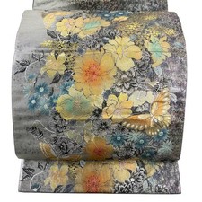JAPANESE KIMONO BELT FUKURO OBI PURE SILK SILVER OTAIKO-GARA FF0147