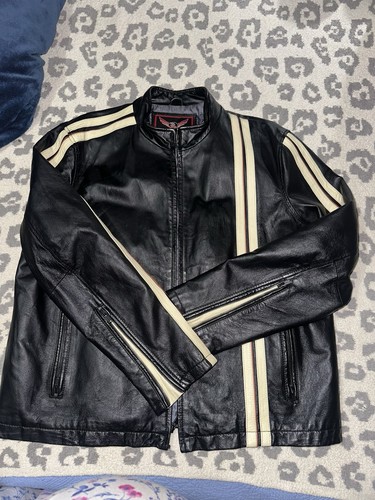 Street Legal Leather Vintage Jacket, Black, White Stripes, Red Accents, Size XXL
