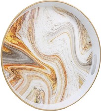 Round white marble pattern decorative tray with handle, 13 inches