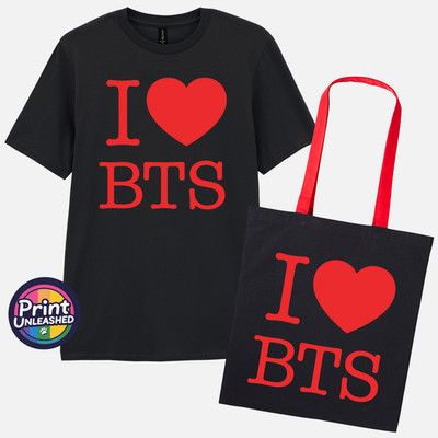 I Love BTS T-Shirt & Tasche Set I BTS Grafik Kind Teen Erwachsene Tee KPOP Varsity Tote