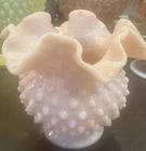 Fenton Pastel Opaque Pink Art Glass Hobnail Ruffled Crimped Rose Bowl Vase 4 1/2