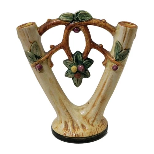 Weller Pottery Double Bud Vase - Voile Apple Tree Design - 1920s - 5.5x6.25in