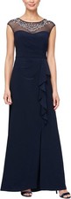 Alex Evenings Petite Beaded Illusion-Neck Ca Navy 6P 12P